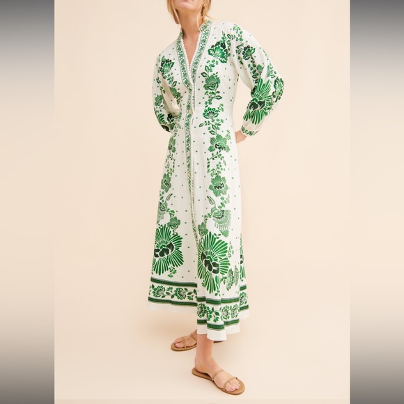 Magaschoni Green Forest Floral Linen Dress size Small - Picture 1 of 16